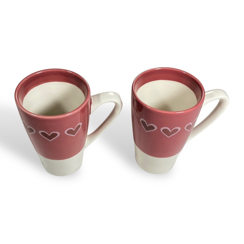 World Market Set of 2 Cups Hearts Coffee Tea Mugs ~5" Tall‎ Ceramic Pink  10 oz - Picture 2 of 9